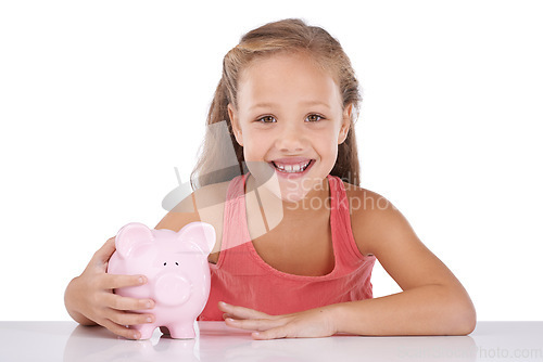 Image of Piggy bank, savings and girl child in portrait, finance and learn money management on white background. Budget, growth and investment with youth and financial security, future and cash in studio