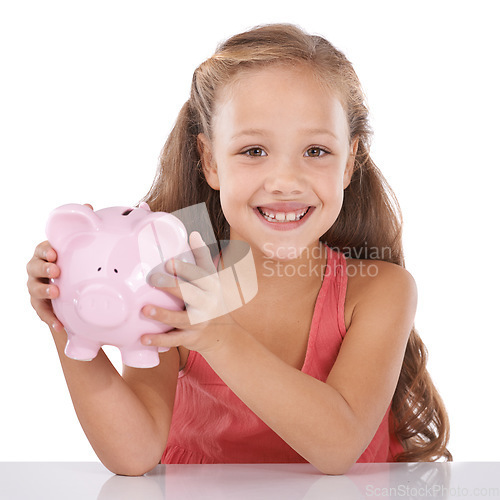Image of Piggy bank, save money and girl child in portrait, finance and learning cash management on white background. Budget, growth and investment, young person and financial security for future in studio