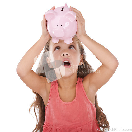 Image of Girl, child and shock for piggy bank in studio, inflation and financial planning on white background. Female person, investment risk and loan for future, moneybox and insurance for bankruptcy in jar