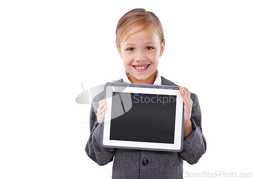 Image of Child, portrait and mockup space on tablet for promotion in studio, information and announcement. Happy female person, girl and blank screen for deal or sale and discount, bonus and white background