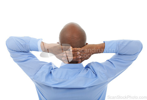 Image of Relax, hands behind head and business black man in studio isolated on white background for complete work. Back, career and done with professional employee in shirt feeling rest at corporate career