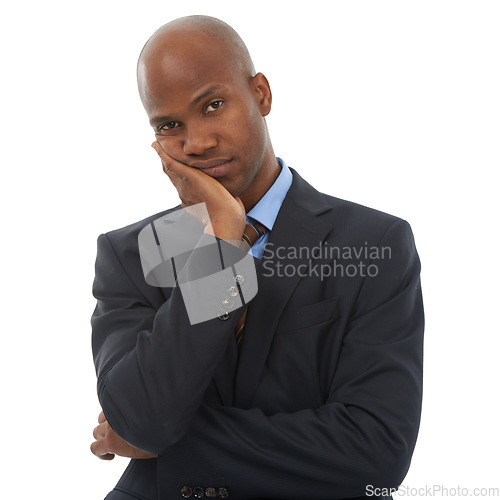 Image of Bored, white background and portrait of business black man with upset, annoyed and frustrated reaction. Professional, corporate worker and face of isolated tired person with depression in studio