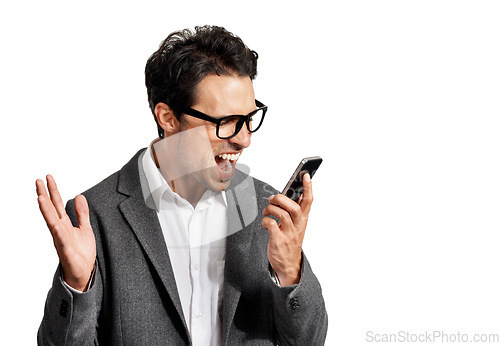 Image of Angry, screaming and business man with phone call conflict or stress in studio on white background. Smartphone, fail or guy entrepreneur shouting at phishing, scam or frustrated by app, 404 or glitch