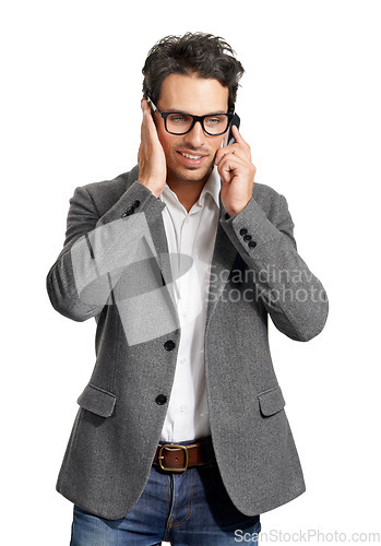 Image of Phone call, white background and business man for communication, contact and chatting online. Worker, professional and isolated person on cellphone for speaking, talking and conversation in studio