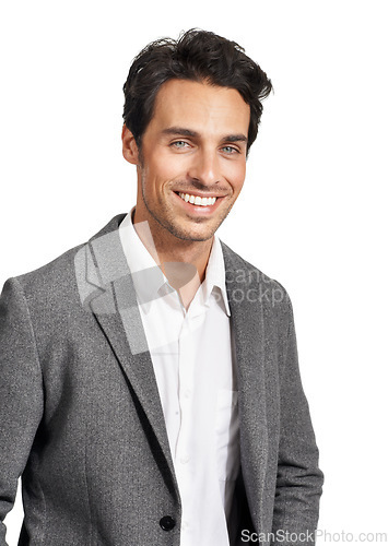 Image of Portrait, happy or business man in studio with positive mindset, attitude or good mood on white background. Face, smile or male lawyer cheerful for new job, first day or career choice at a law firm