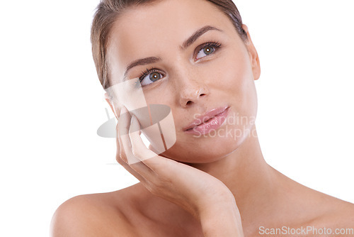 Image of Woman, hands and wellness with beauty, skincare and cosmetics with hair, confident or face. Skin, female person and glow on white background, studio or model for cosmetology, dermatology or thinking