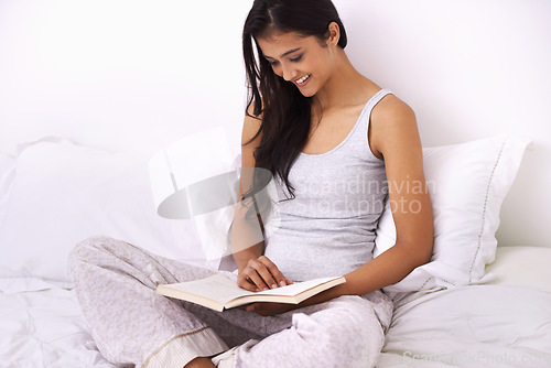 Image of Woman, literature and relaxing by reading a book in bed, knowledge and fictional novel at home. Happy female person, education and story for learning or fantasy, bedroom and hobby in morning routine