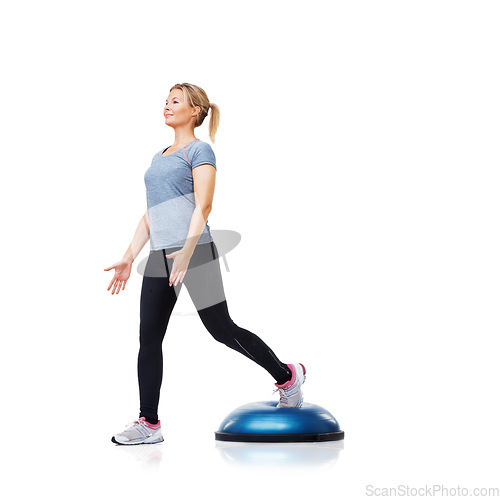 Image of Athlete, ball or leg exercise in workout for body development isolated on white background in studio. Woman, training equipment or fitness for mockup space, core challenge or wellness for balance