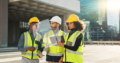 Image of People, architect and team walking with tablet in planning for construction, building or project in city. Group of employees, contractor or engineer in teamwork with technology for architecture plan