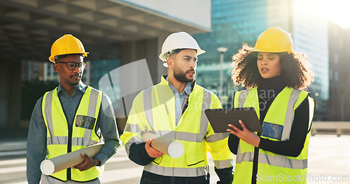 Image of People, architect and tablet in city planning for meeting, construction or building project on site. Group of employees, contractor or engineer in teamwork on technology for architecture plan or idea