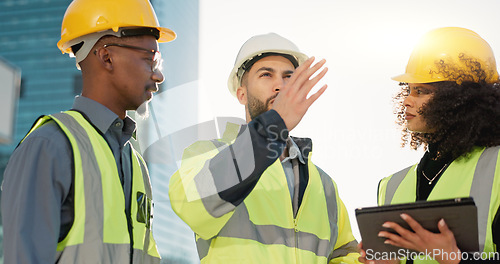 Image of People, architect and tablet in city for construction planning, team discussion or strategy on site. Group of employees, contractor or engineer on technology in teamwork, project plan or architecture