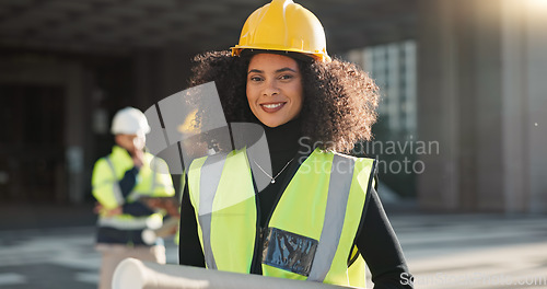 Image of Happy woman, architect and city for construction management or teamwork in leadership on site. Portrait of female person, contractor or engineer smile for professional architecture, project or plan