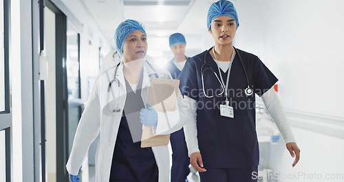 Image of Doctors, nurses and women walking, talking and planning healthcare, clinic management and workflow schedule. Medical worker, surgeon and mentor support, hospital teamwork and folder or patient charts