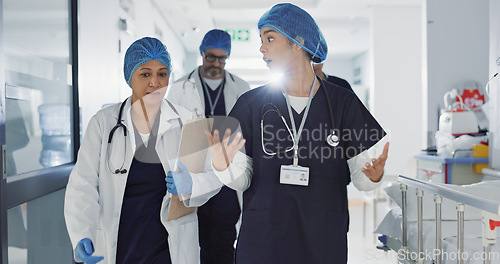 Image of Doctors, nurses and people walking, teamwork or planning healthcare, clinic management and talking of ideas. Medical worker, surgeon and mentor support, hospital feedback and checklist or charts