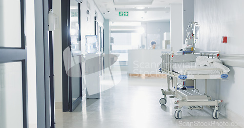 Image of Hospital, healthcare and medical with an empty corridor for wellness, care or treatment and disease control. Medicine, service and hallway of a lobby in a clinic for rehabilitation or recovery