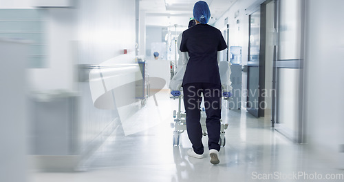 Image of Patient, bed and nurse walking in hospital, hallway or corridor to surgery, operation room or ER healthcare service. Doctor, moving and pushing person in clinic to ICU, bedroom or walk with support