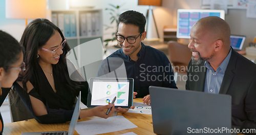 Image of People, meeting and tablet screen for data analytics, financial presentation and meeting advice or strategy. Business woman, manager or team talking, planning and collaboration of digital statistics