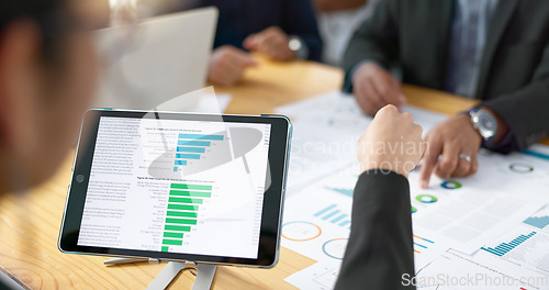 Image of Hands, business people in meeting and data analysis on tablet, online review with graph and information for team with market research. Statistics, analytics and digital infographic with collaboration