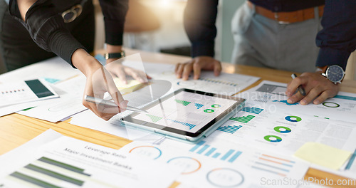 Image of Business people, data analysis with tablet and paperwork, hands with online review in meeting and team with market research. Statistics, analytics dashboard and digital infographic with collaboration