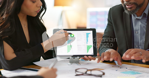 Image of Business people in meeting, tablet and data analysis, team compare info with review of paperwork and market research. Stats, analytics and infographic documents with sticky note and collaboration