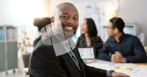 Image of Meeting, leader and portrait of businessman with team planning or working on strategy together in startup company. Corporate, confident and professional employee at discussion in agency office