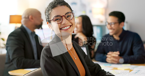 Image of Meeting, happy and portrait of employee with team planning or working on strategy together in startup company. Corporate, confident and professional business woman at discussion in agency office