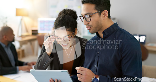 Image of Team, strategy and collaboration with tablet in office for meeting, digital marketing or review of online documents. Female leader, guidance or advice for idea, vision or plan of report for project