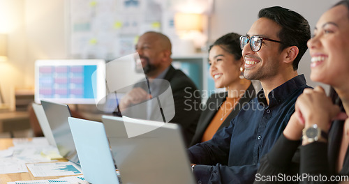 Image of Man, presenter and collaboration with team in office for startup, strategy or business planning in New York. People, diversity and laugh at joke for work, technology or online documents for meeting