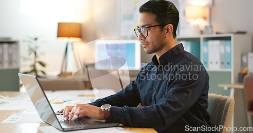 Image of Businessman in office, typing on laptop and smile, planning online research in creative project at digital agency. Internet, website and networking, happy man with computer for email report or review