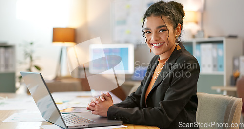 Image of Portrait of businesswoman in office with smile, laptop and planning online research for creative project at digital agency. Internet, website and networking, happy woman and computer for email review