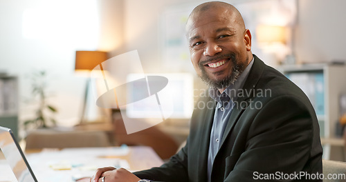 Image of Portrait of happy black man in office, laptop and planning online research for creative project at digital agency. Internet, website and networking, businessman with smile and computer for investing.
