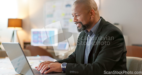 Image of Portrait of happy black man in office, laptop and planning online research for creative project at digital agency. Internet, website and networking, businessman with smile and computer for investing.