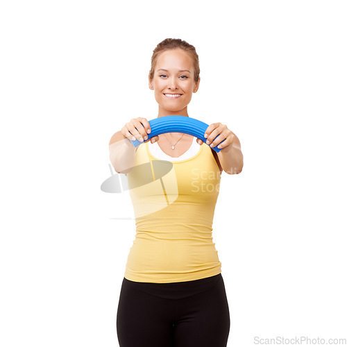 Image of Happy woman, portrait and bend grip in resistance or arm workout isolated against white studio background. Young female person or athlete with band or tube in exercise, training or fitness on mockup