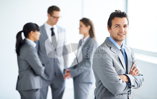 Image of Team leader portrait, arms crossed and business man, lawyer or boss for legal pride, law firm collaboration or job career. Agent planning meeting, justice and corporate attorney for government work