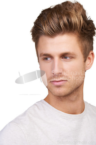 Image of Thinking, face and man in studio for brainstorming, solution or answers on white background. Headshot, daydreaming and male model distracted by questions, why or problem solving, plan or ponder