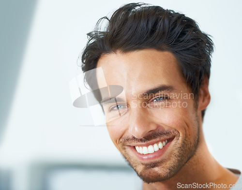 Image of Smile, portrait and happy man at home with positive attitude, energy or mindset. Joy, face or handsome male person in a house with good mood, confidence or chilling on day off, weekend or vacation