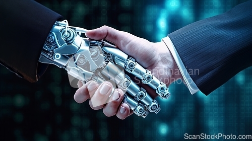Image of In a futuristic merger of business and technology, a businessman confidently shakes hands with a robotic arm, symbolizing innovation and collaboration