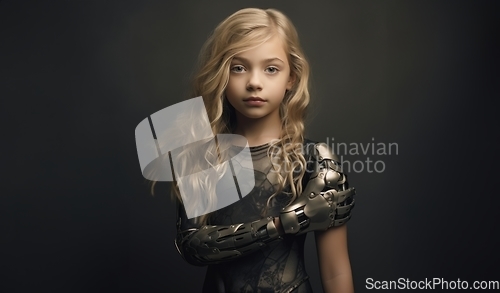 Image of Isolated on a grey backdrop, a young girl with a robotic arm symbolizes innovation and hope for a technologically advanced future.Generated image