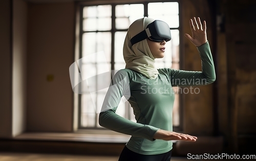 Image of In a spiritual setting, a modern woman in a hijab explores the mosque's depth using virtual reality glasses, blending tradition with technology