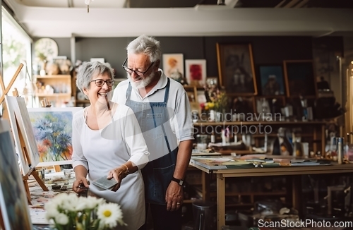 Image of In their art studio, the older couple bonds over a shared passion, capturing imaginative moments through sketches and creative collaboration