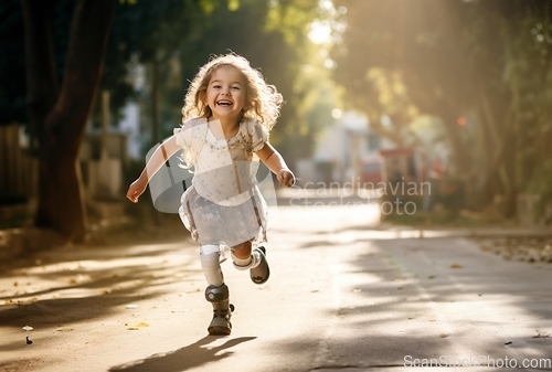 Image of A joyful girl runs through the sunny streets of the vibrant city, embracing the carefree spirit of childhood.Generated image