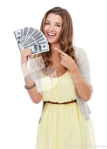 Image of Portrait, studio and happy woman point at money from gambling prize victory, lotto reward or investment profit. Financial success, competition prize and cash winner of dollars on white background