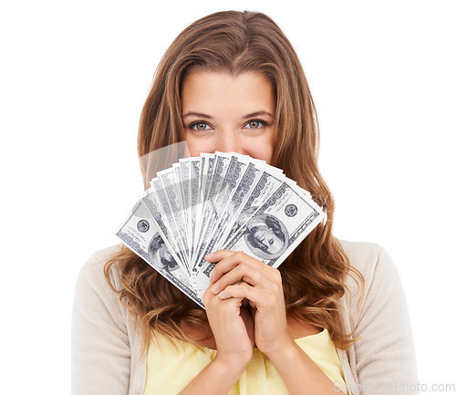 Image of Portrait, wealth and studio woman with money, dollars or bills for financial freedom, savings budget or income revenue. Success, prize achievement and face of rich cash winner on white background