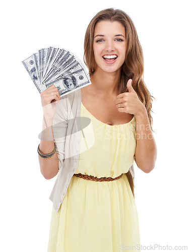 Image of Portrait, studio and happy woman with thumbs up for money, financial prize or approve of lotto competition reward. Dollars, cash and winner with emoji like sign for loan success on white background