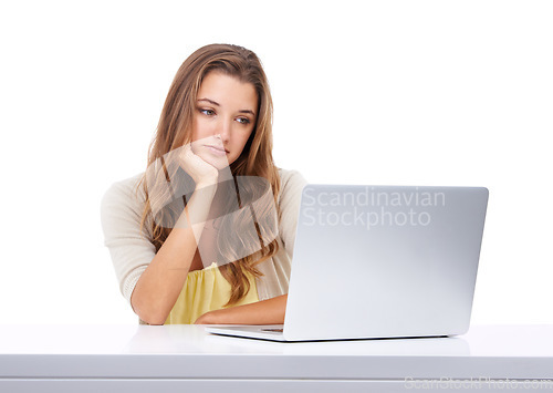 Image of Laptop, research and email with bored woman in studio isolated on white background for communication. Computer, education or study and young student with fatigue from learning or online class