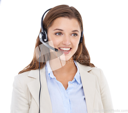 Image of Customer support, headset and face of happy woman on business communication, sales pitch and help desk advisory. Call center studio, microphone or professional consultant talking on white background