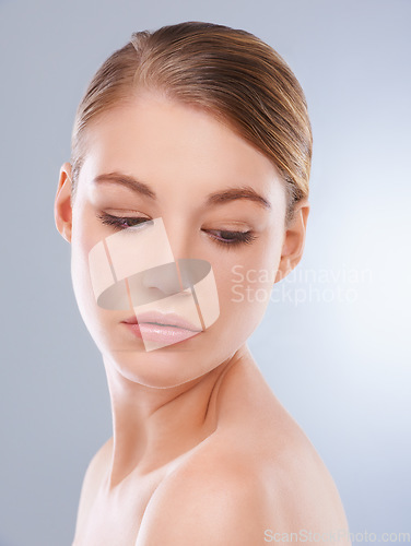 Image of Thinking, skincare and woman with beauty, dermatology and wellness on a white studio background. Person, girl and model with beauty and grooming with makeup, treatment and self care with healthy skin