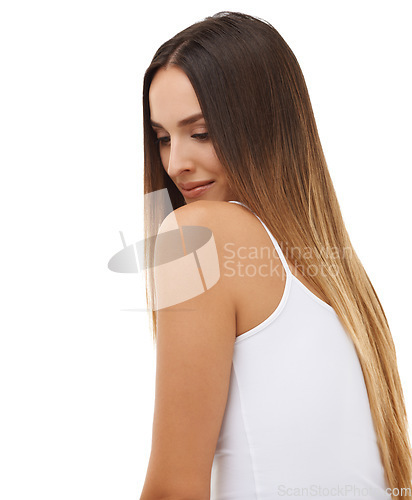 Image of Beauty, hair and happy with natural woman in studio isolated on white background for keratin treatment. Aesthetic, wellness and growth with young model at salon for shampoo, balayage or haircare