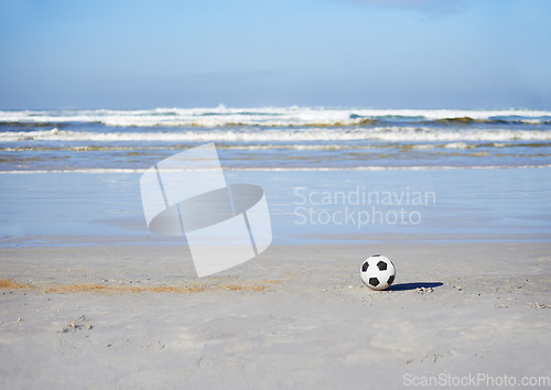 Image of Soccer ball, sport and games for holiday at beach, outdoor fun and recreation in summer on vacation. Celebrate, playing or leisure on travel by sea, freedom or football competition in brazil by ocean