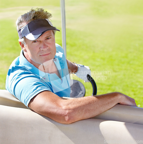 Image of Man, portrait and golf cart on grass as professional athlete or caddy for transportation, hobby or sport. Senior person, face and pro driving on course at club or talent training, vacation or holiday